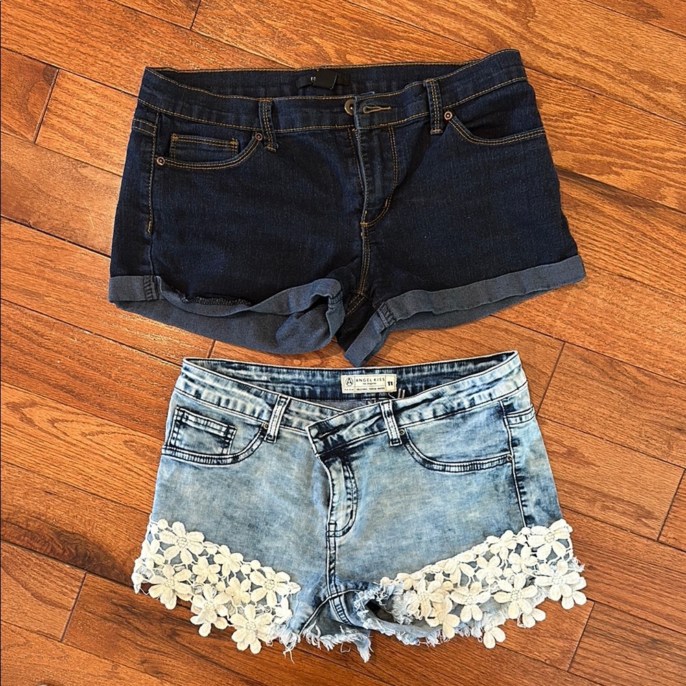 Denim Shorts with Floral Lace Trim